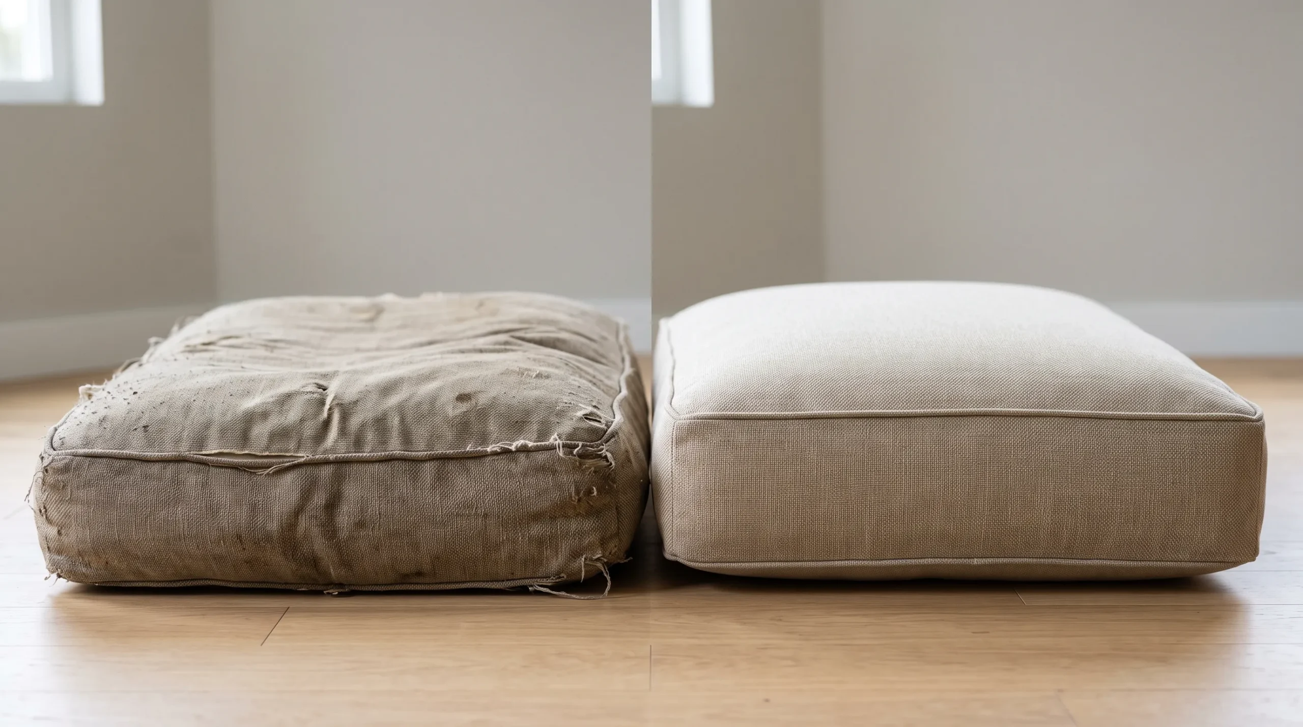 Before and after sofa foam replacement as part of free sofa repair quote Dubai process