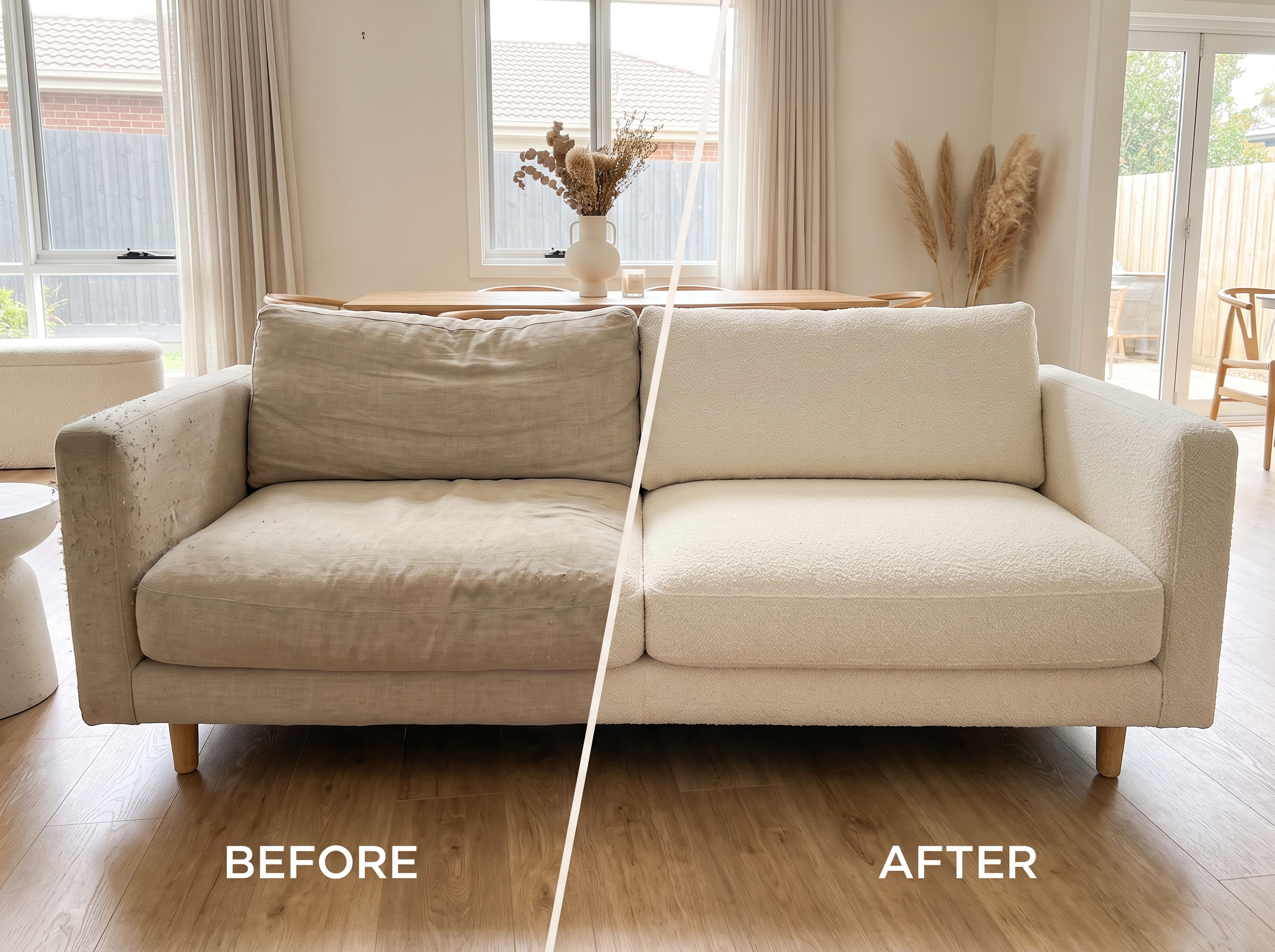 Lounge Reupholstery Dubai transformation showing fabric sofa restoration