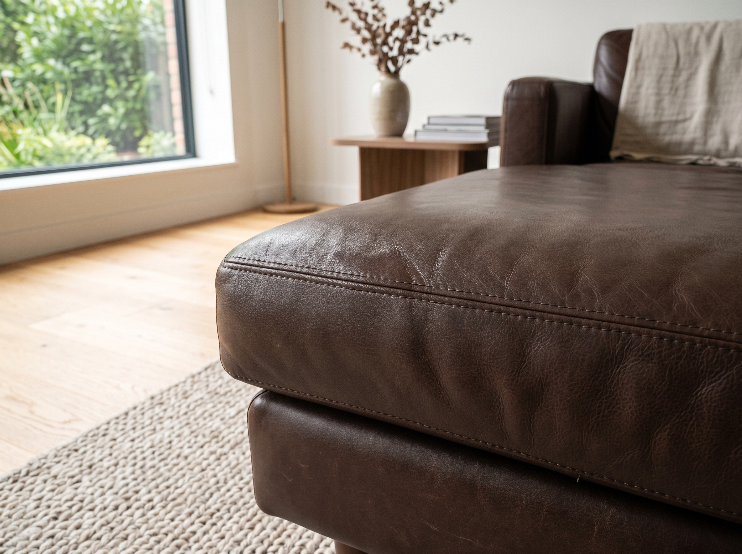 Leather sofa seat edge with professional pet scratch repair completed in Dubai