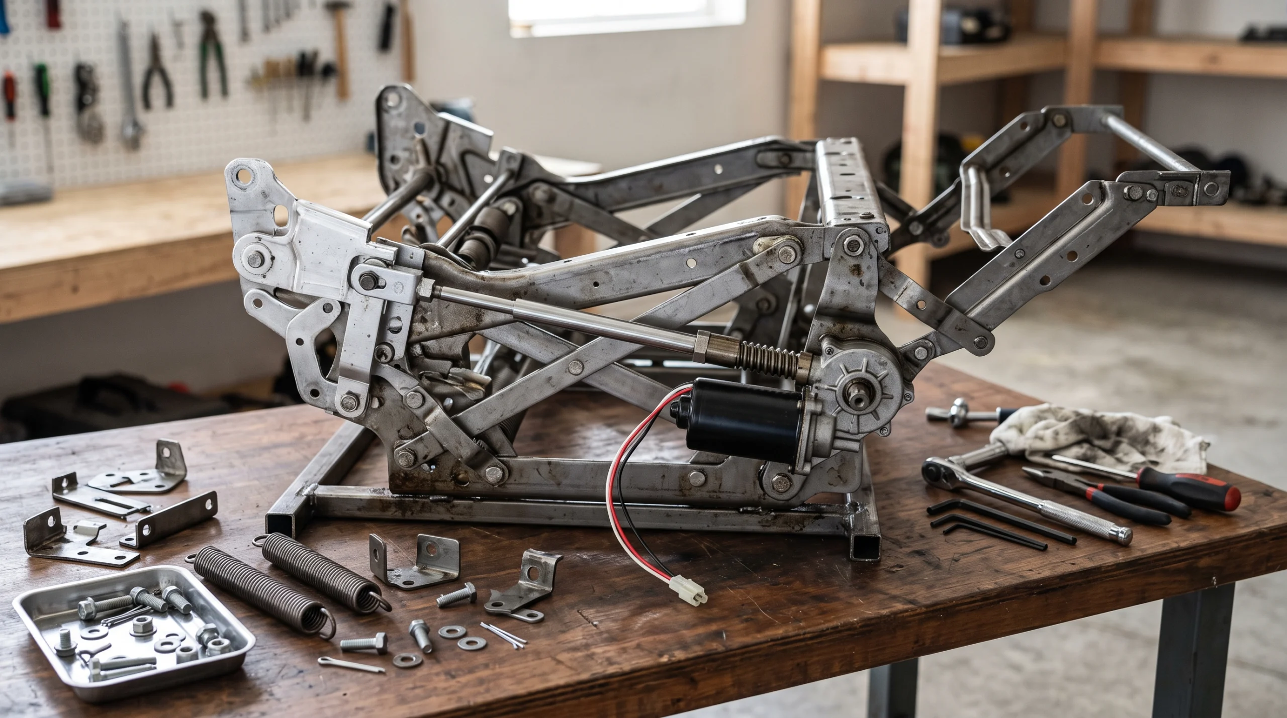 Detailed view of recliner mechanism prepared for sofa mechanism repair Dubai