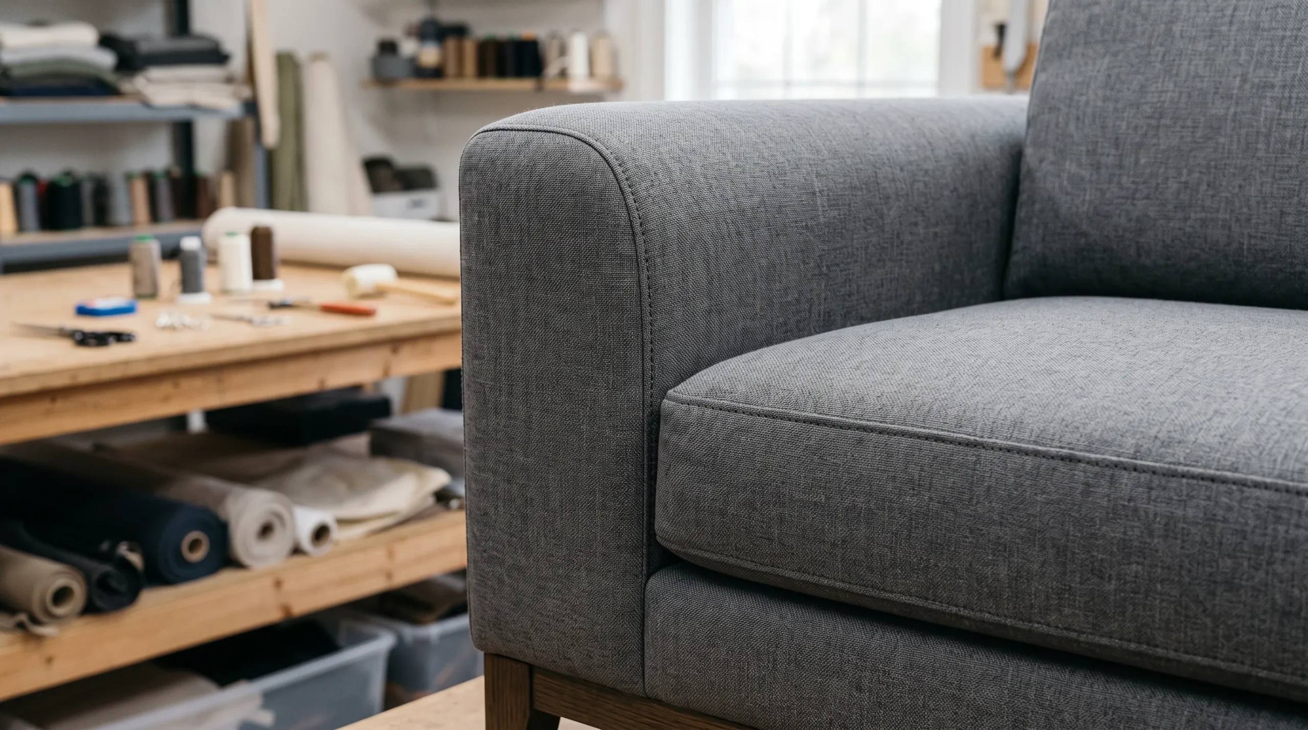 Close-up of professionally repaired fabric sofa after same day sofa repair Dubai service