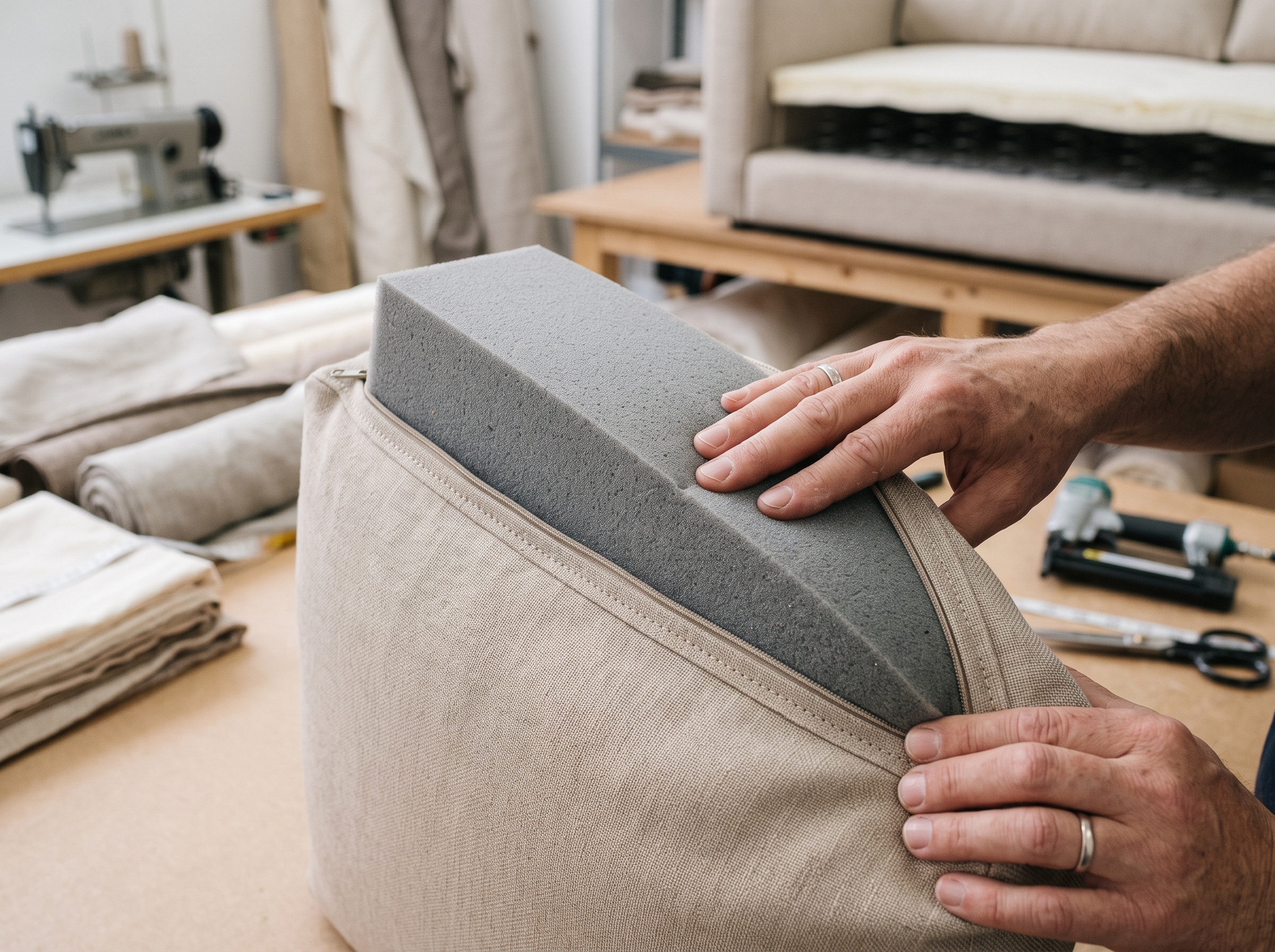 High-density foam replacement for sofa cushions during upholstery repair Dubai