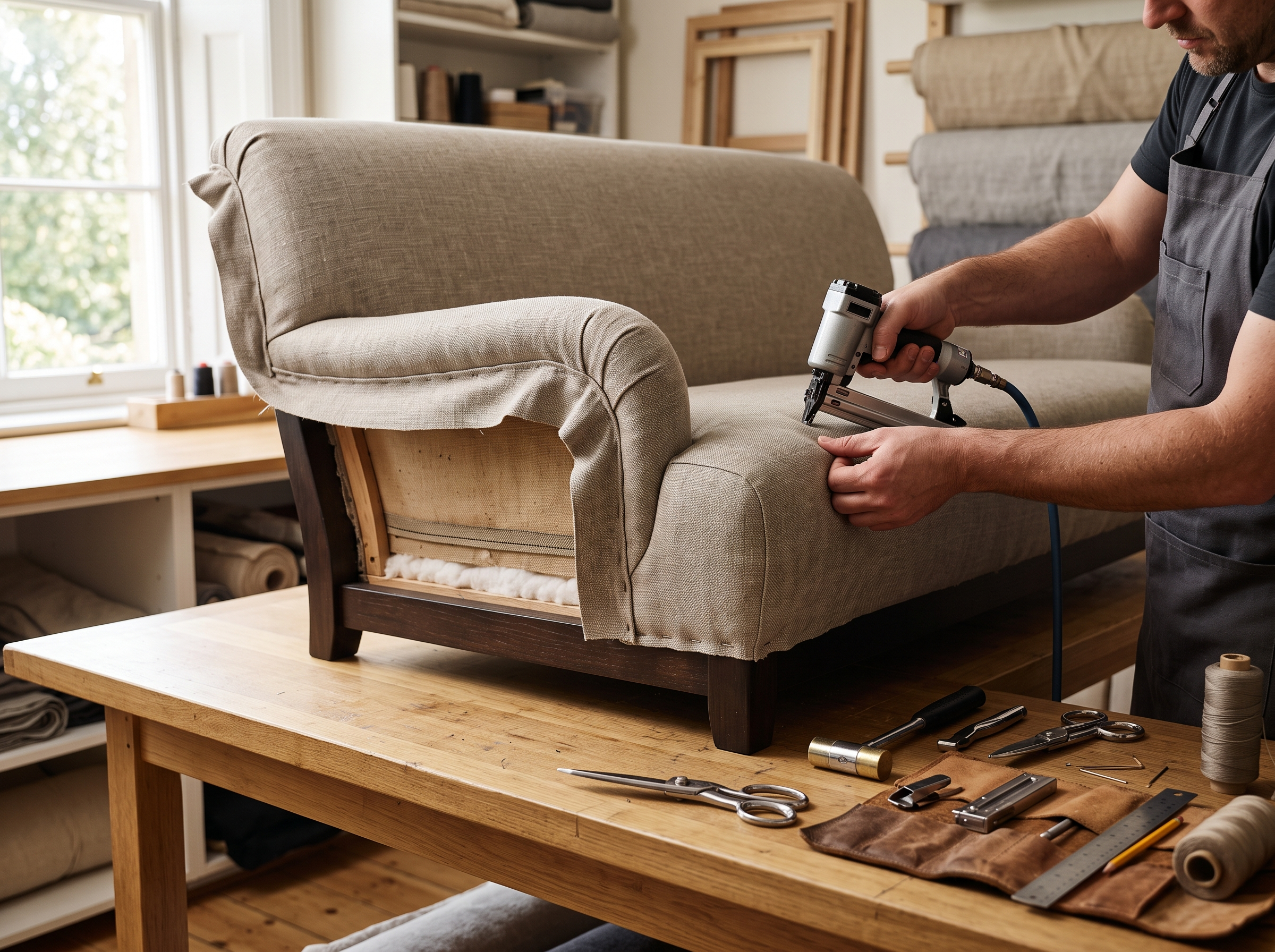 Professional sofa upholstery process showing fabric being fitted on a sofa frame in Dubai workshop