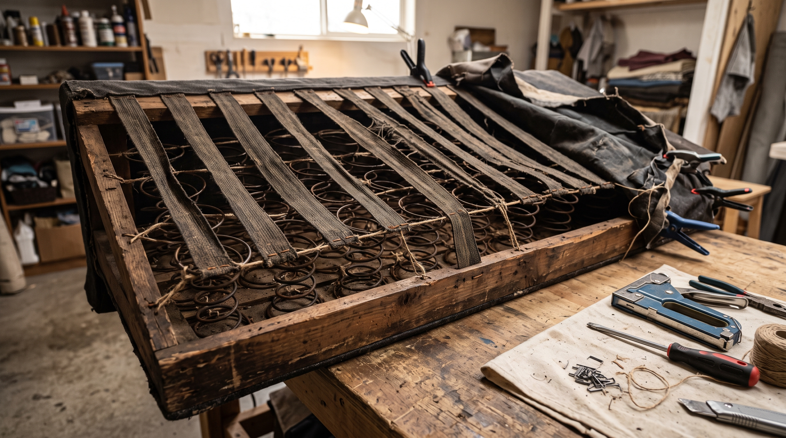 Exposed sofa springs and webbing prepared for spring repair sofa Dubai and webbing replacement