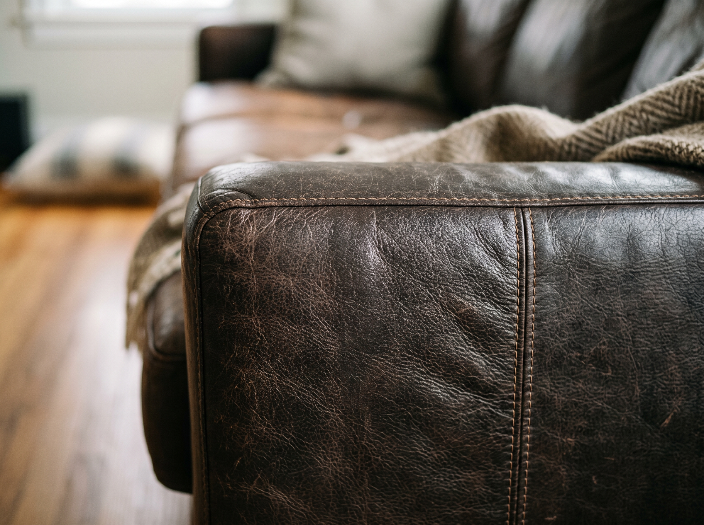 Before and after comparison of a dark leather sofa seat showing surface cracks on the left and a smooth restored finish on the right