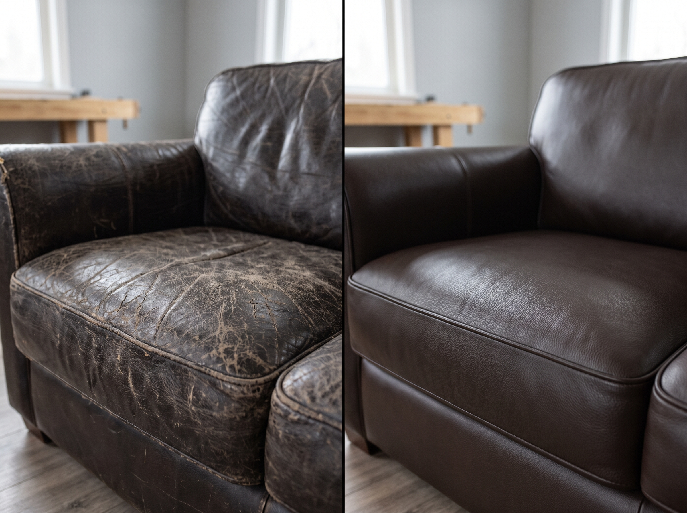 Close-up of colour-matched dye being applied to fine scratches on a brown leather sofa armrest during professional restoration