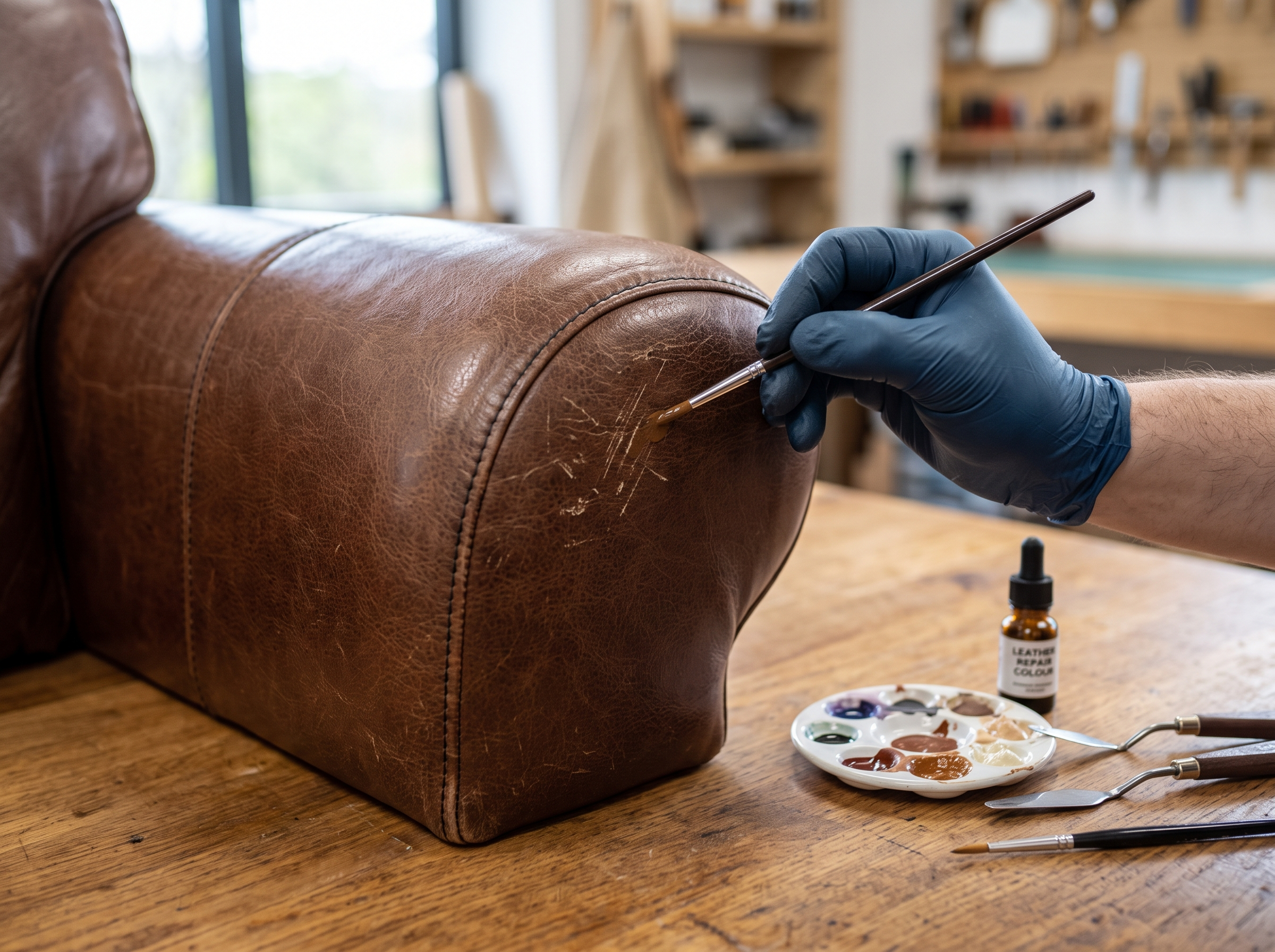 Detailed view of a neatly repaired tear on a leather sofa panel showing seamless blending of filler and dye under soft lighting