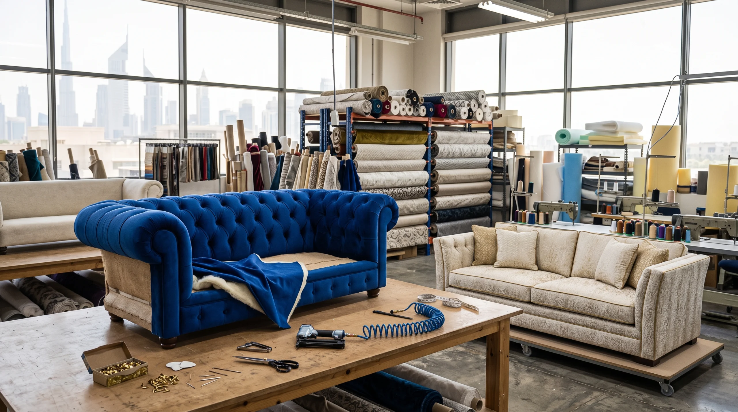 Sofa fabric replacement in Dubai to restore worn furniture with fresh upholstery