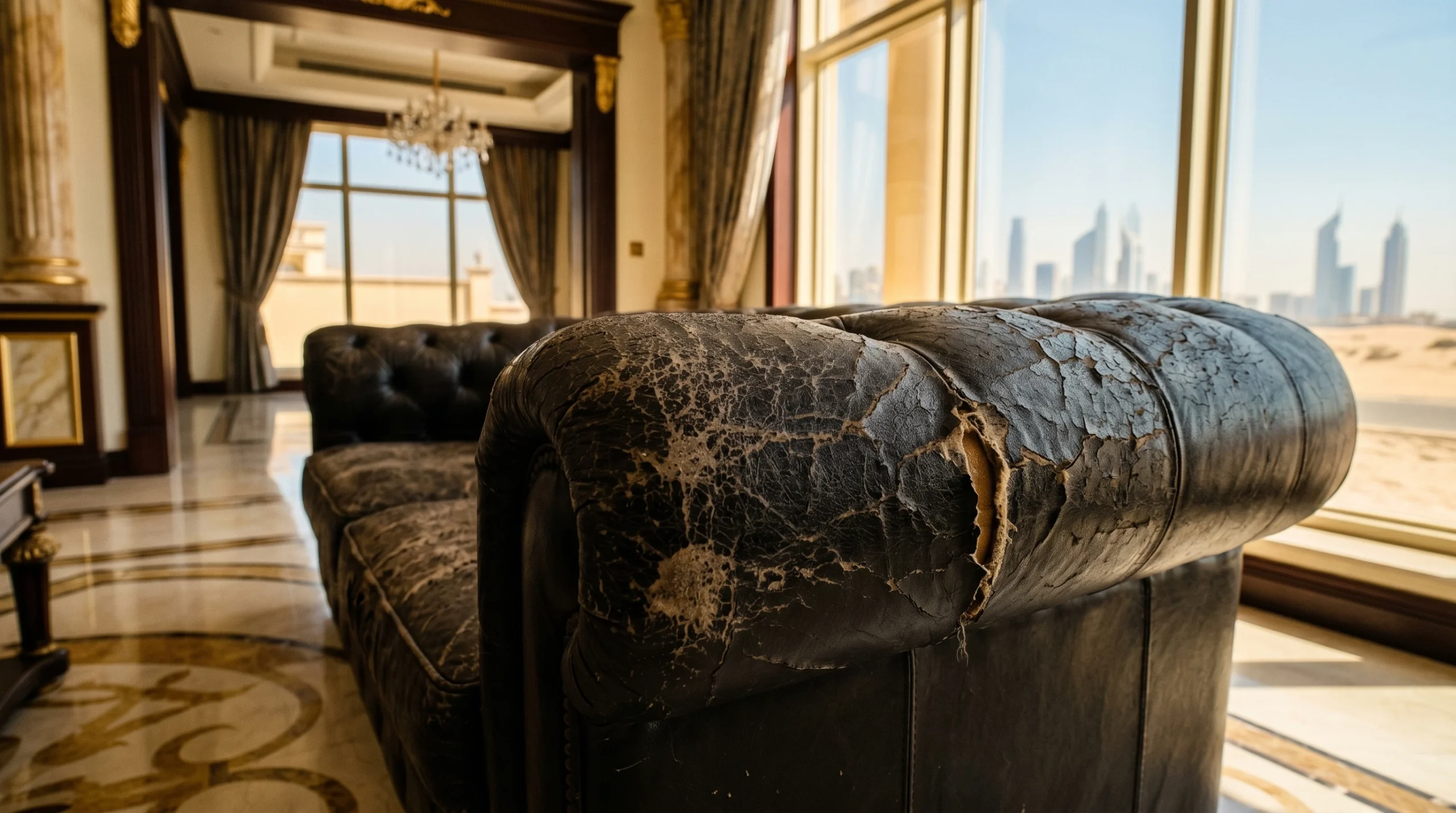 Scratched and faded leather sofa before repair
