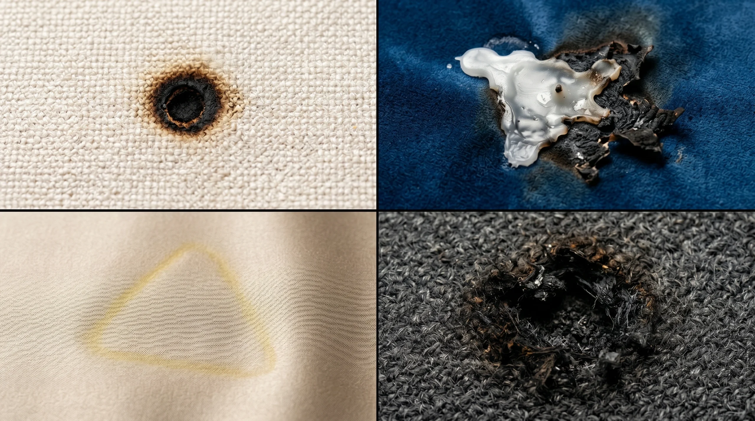 Different types of sofa burn damage on fabric and leather upholstery in Dubai