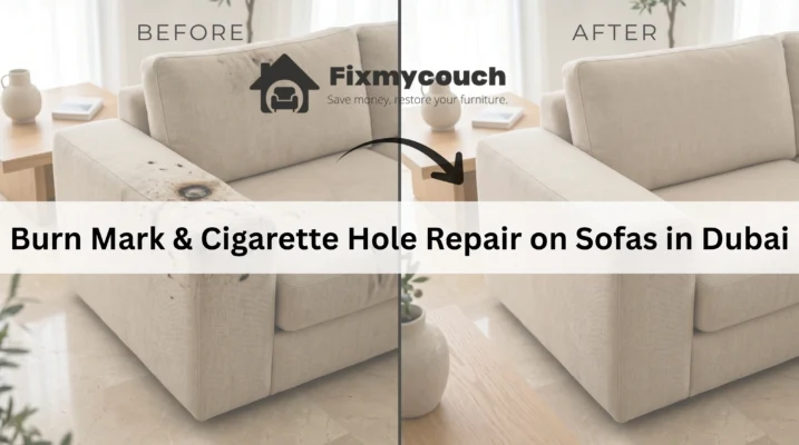 Before and after Burn Mark & Cigarette Hole Repair on Sofas in Dubai