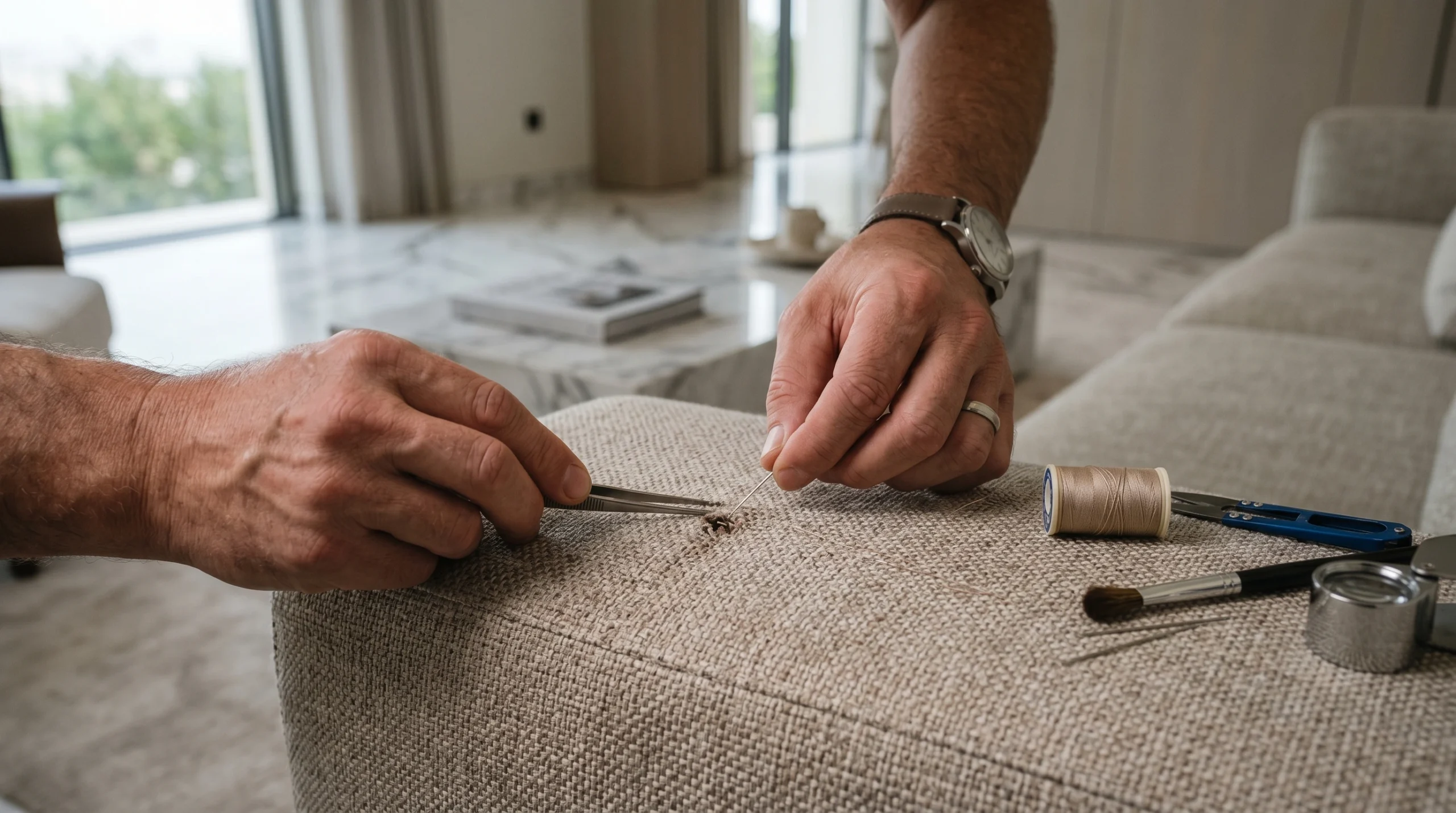 Burn Mark & Cigarette Hole Repair on Sofas in Dubai by upholstery specialist