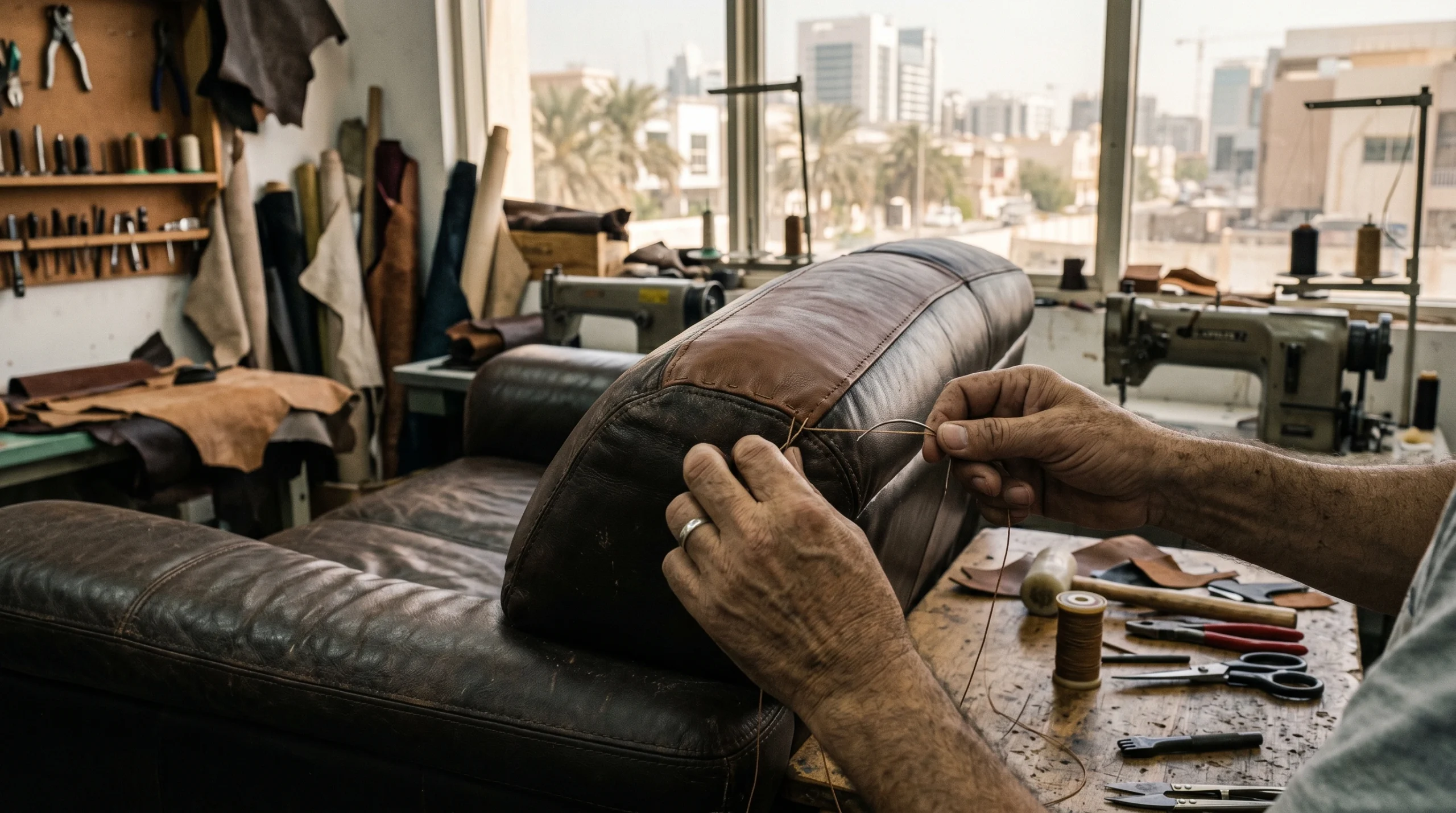 professional leather sofa headrest repair Dubai workshop