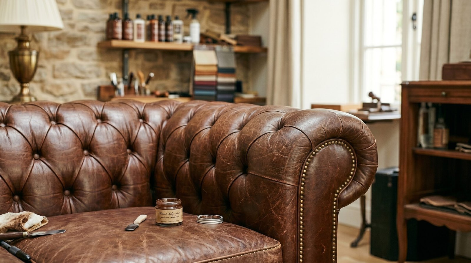 Expert repairing damaged leather sofa