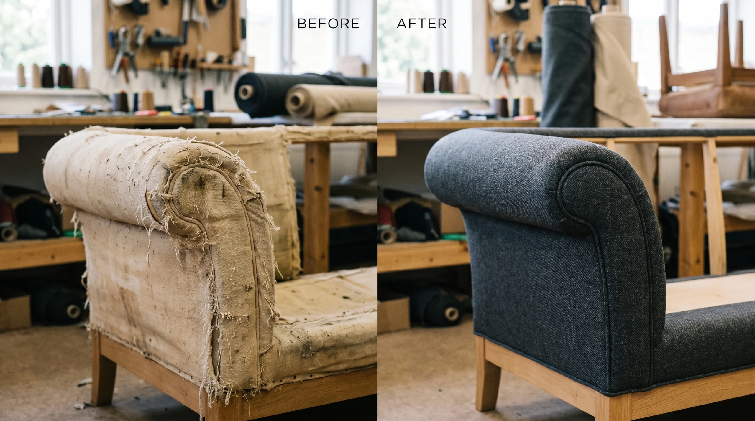 sofa armrest reupholstery before and after Dubai