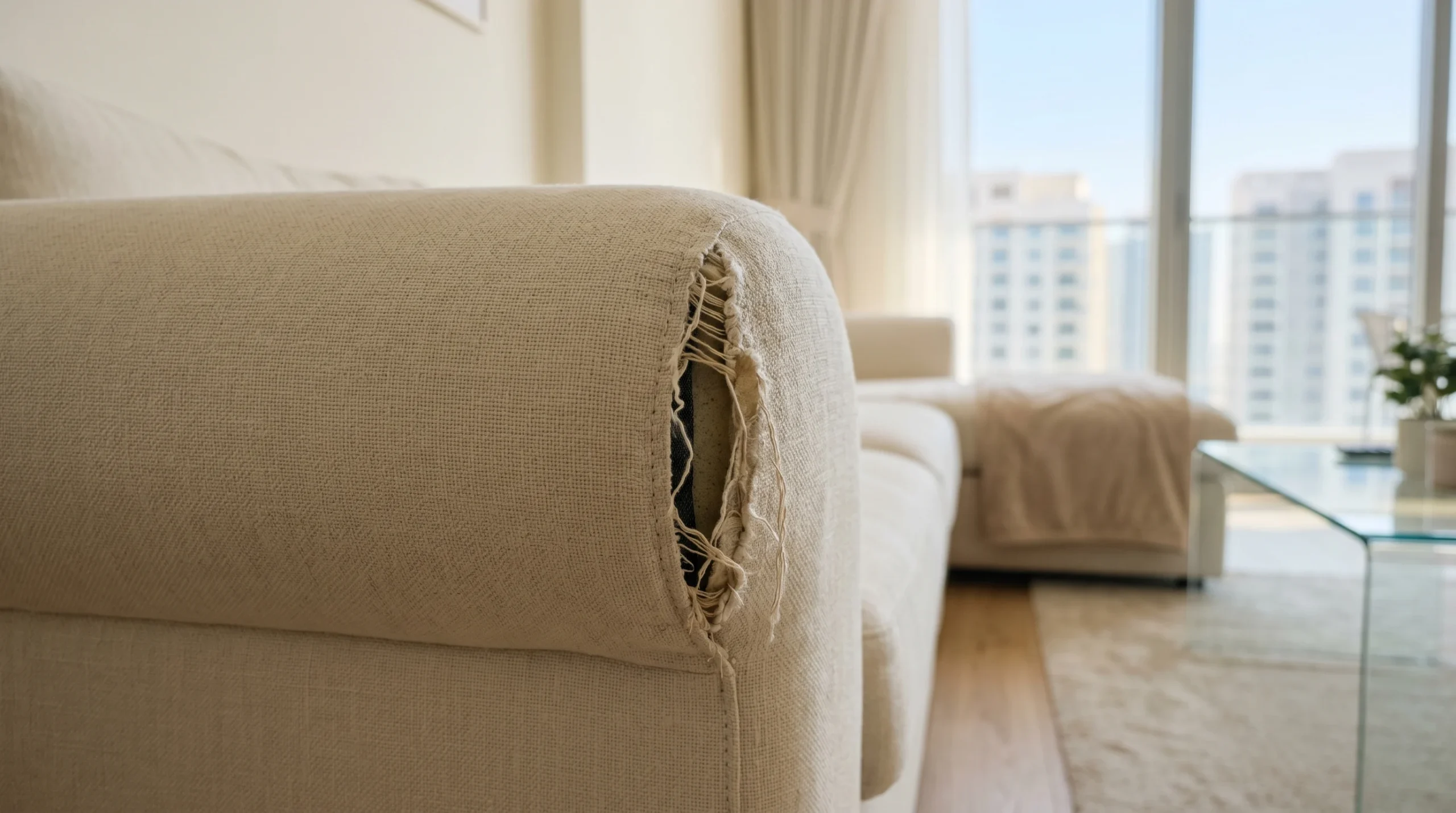 Sofa armrest seam split requiring professional repair in Dubai