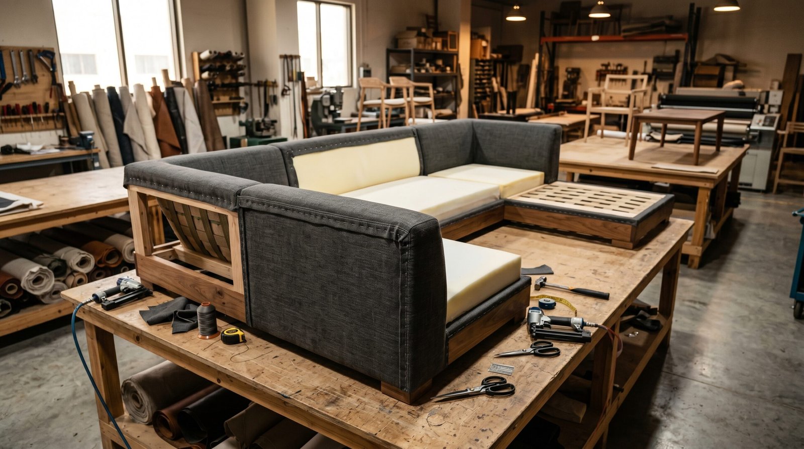 Craftsman repairing sofa fabric in Dubai workshop