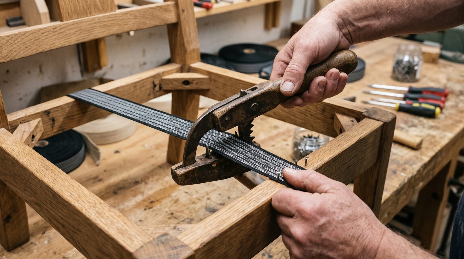 Upholstery webbing stretcher tightening elastic straps on a dining chair frame