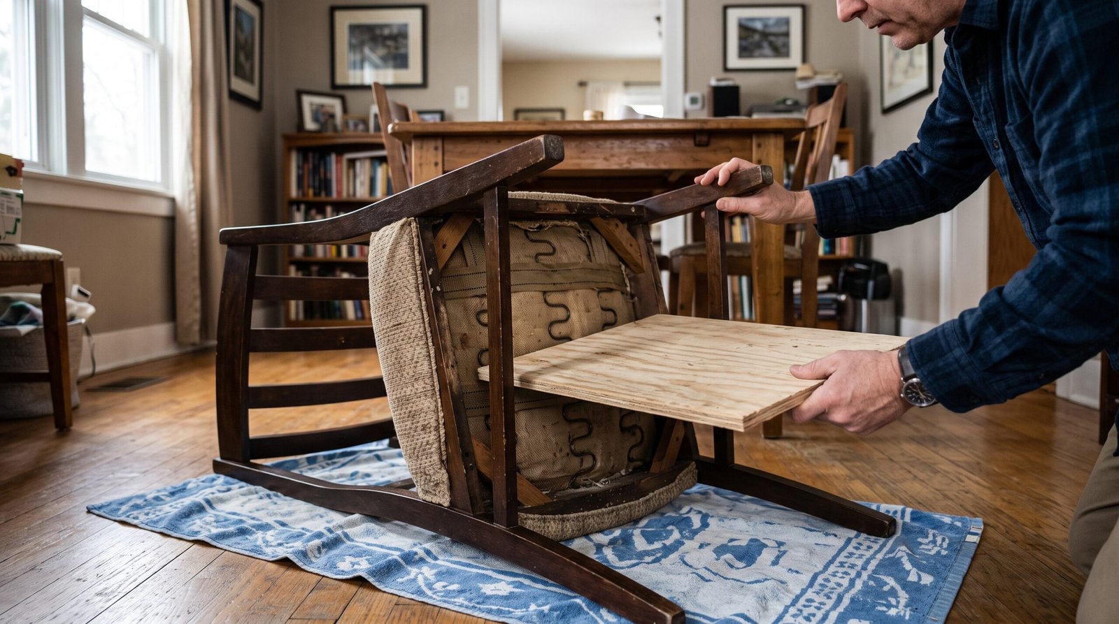 Plywood support board being slid underneath a sagging dining chair cushion