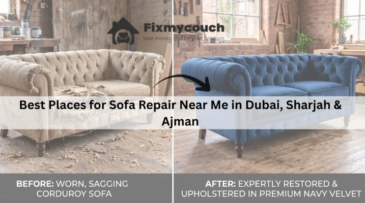 Before and after comparison of a professionally reupholstered sofa in Dubai showing complete furniture restoration.