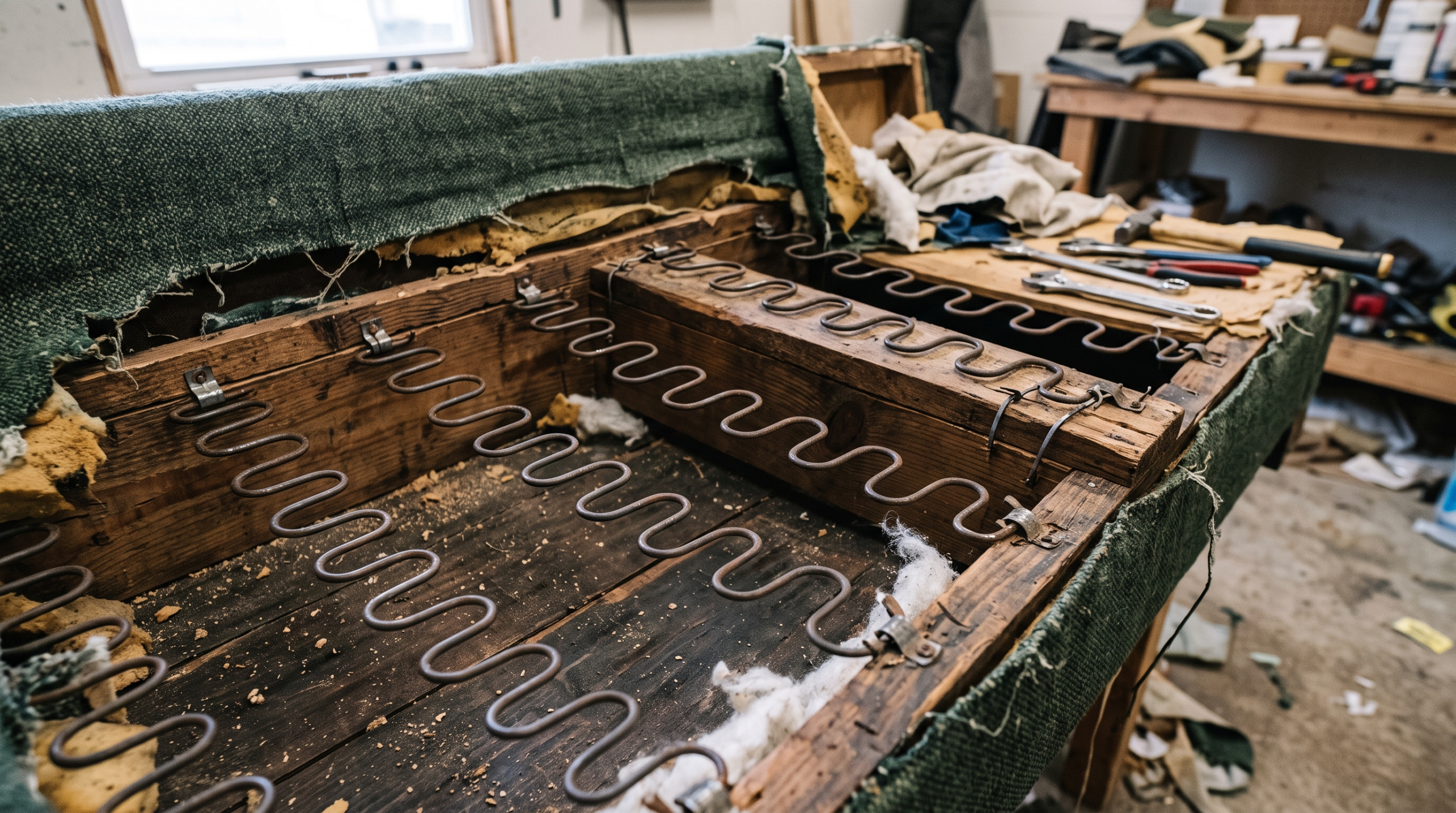 Close up view of broken and weakened couch springs that need repair in Dubai