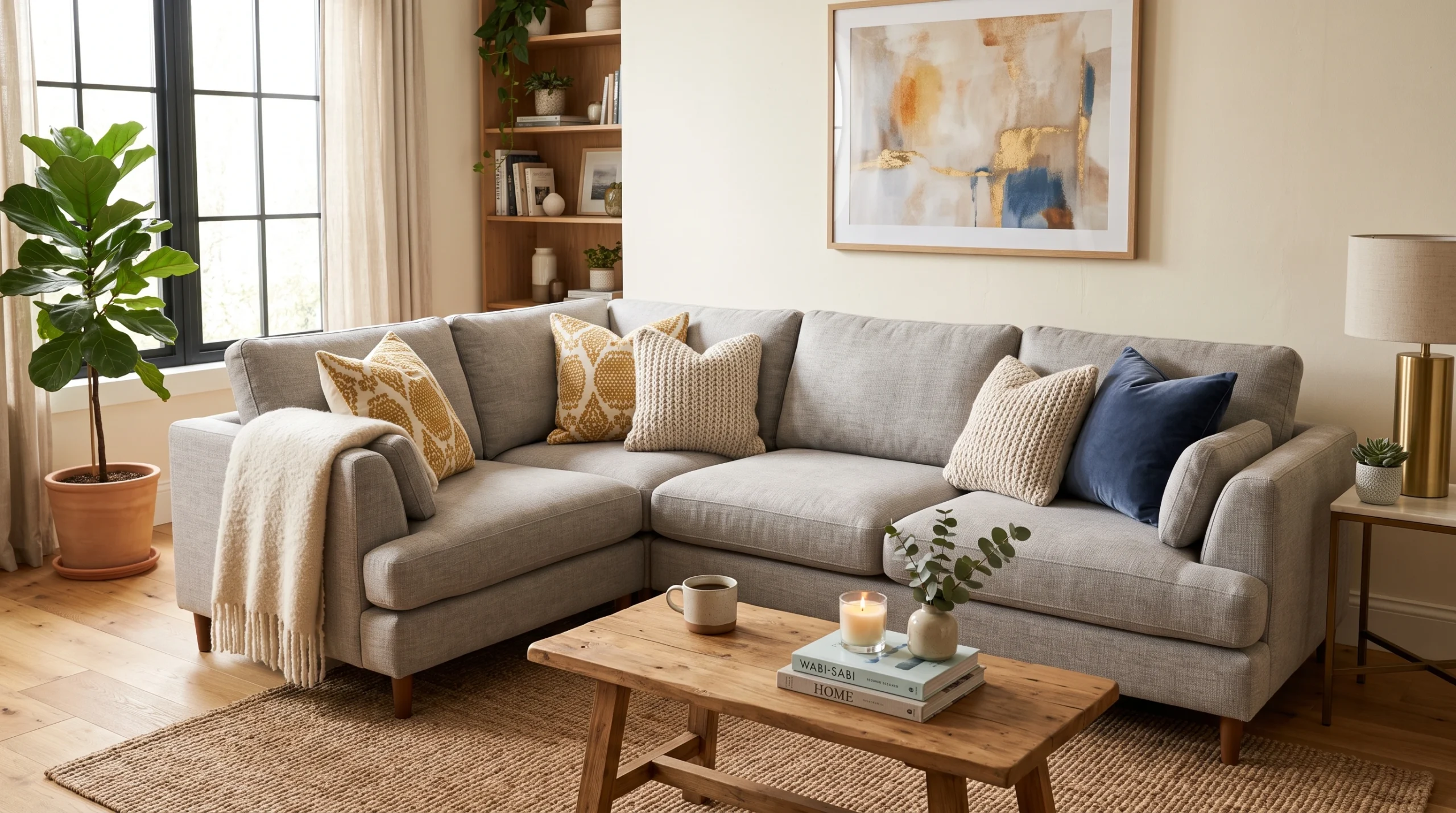 Fully restored custom upholstered sofa with premium fabric in a modern Dubai living room after professional reupholstery
