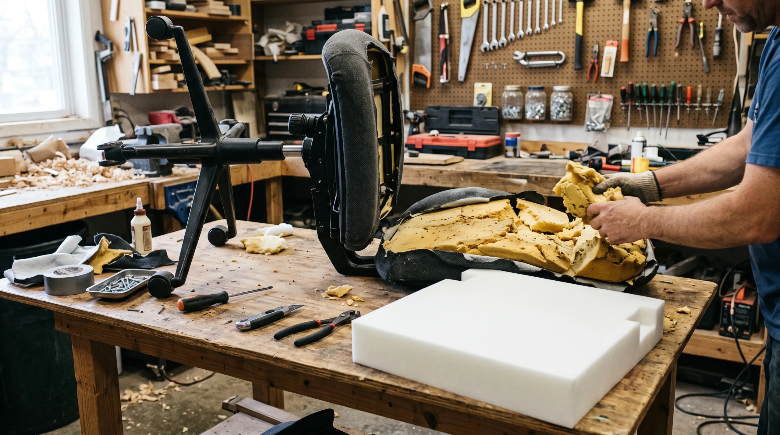 Foam replacement during office chair upholstery in Dubai