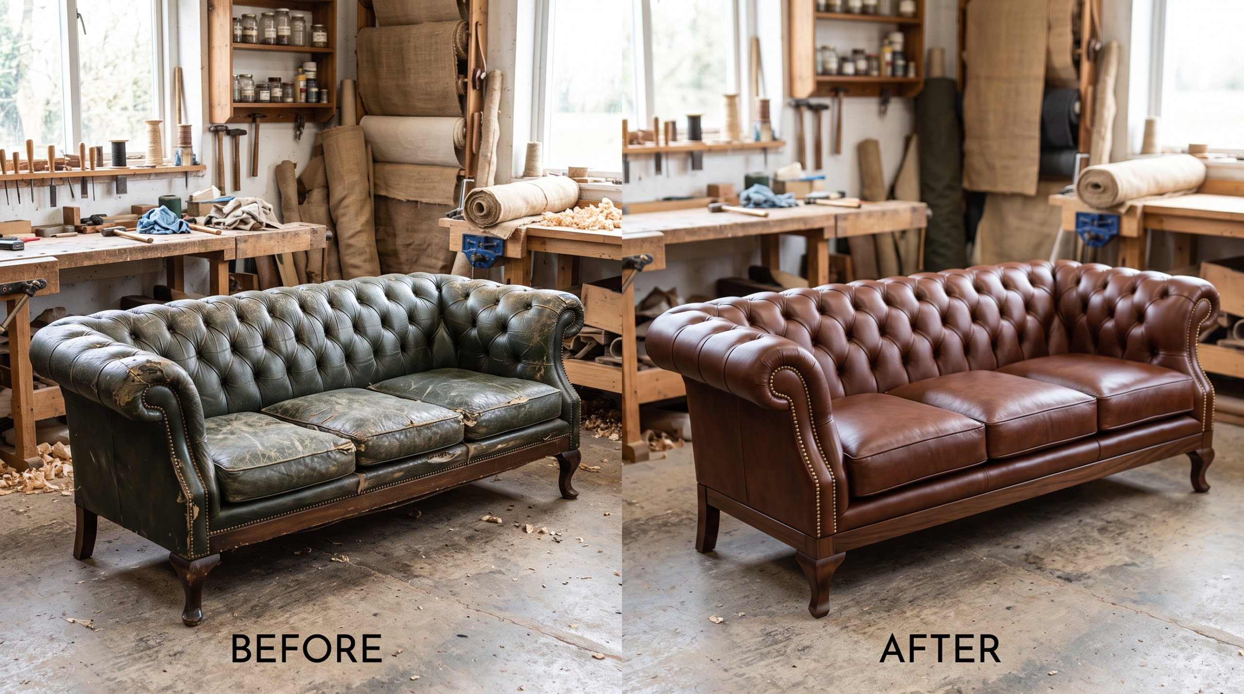 Professional furniture restoration workshop in Dubai where a craftsman is reupholstering a sofa with premium fabric.