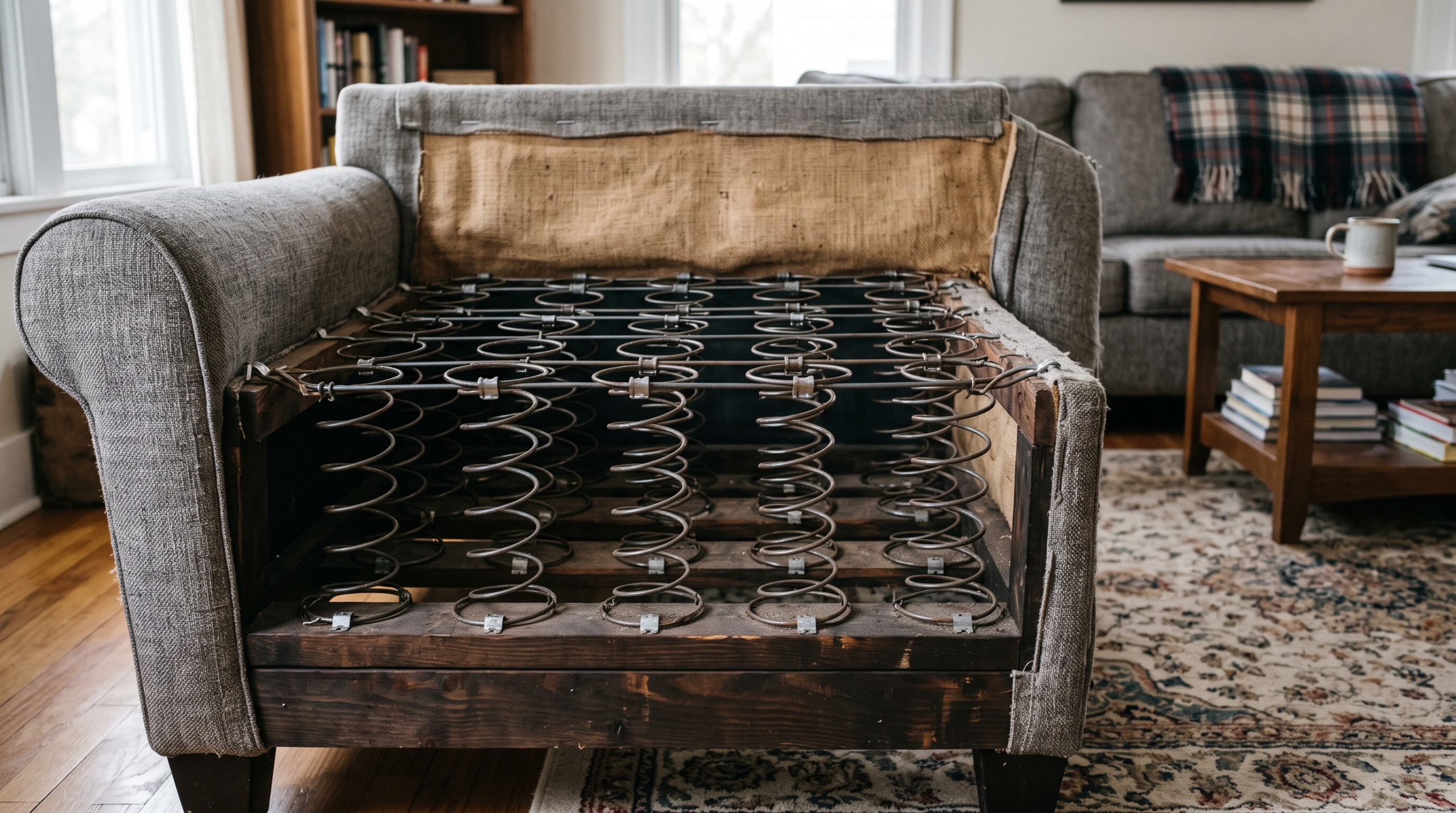 Sagging couch with damaged springs in Dubai living room before professional repair