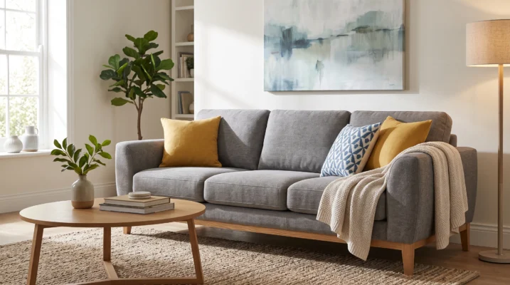Professional sofa upholstery workshop in Dubai showing a craftsman reupholstering a modern three-seater sofa for the 2026 price guide
