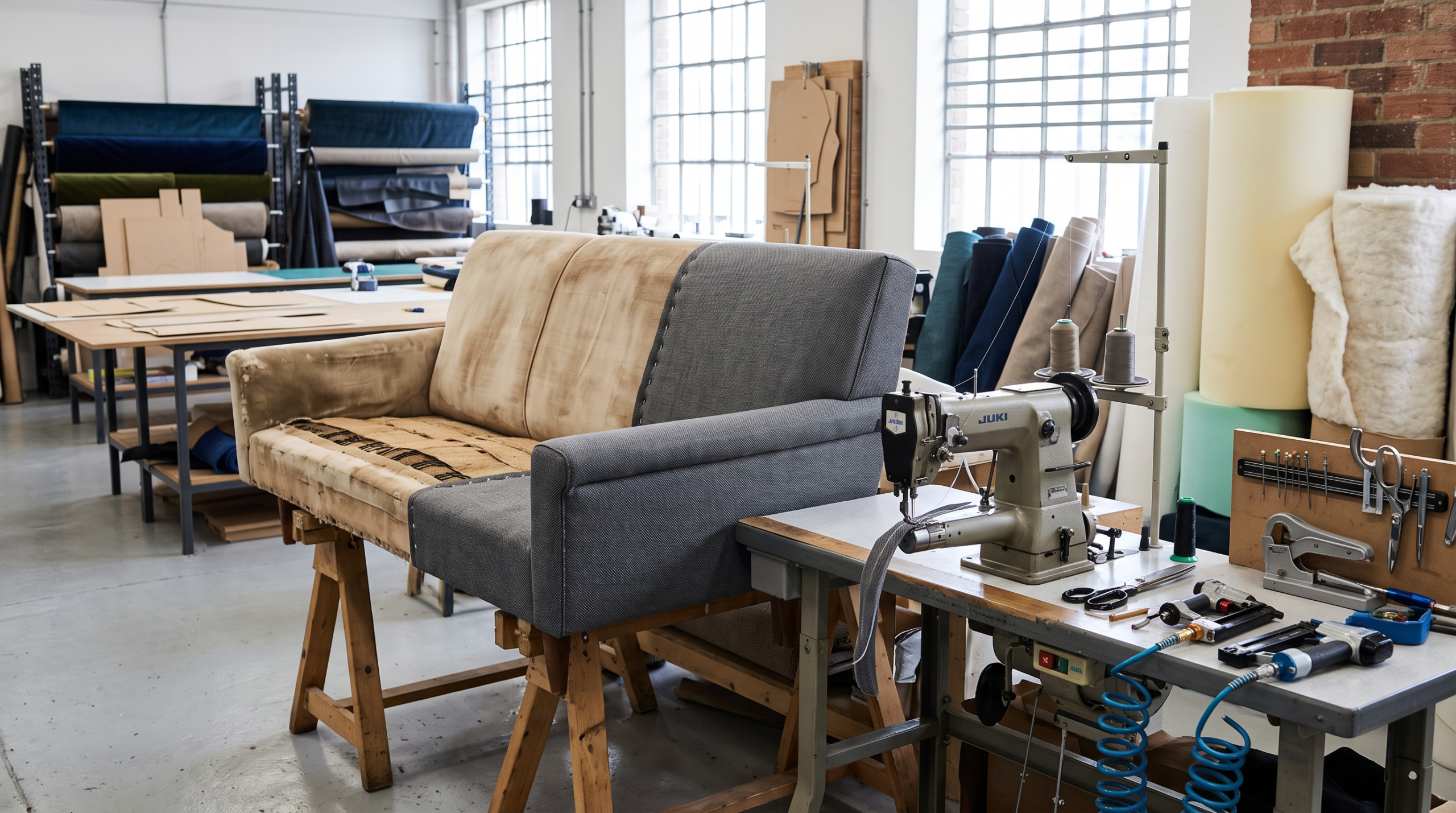 Skilled upholstery craftsmen repairing a fabric sofa inside a professional furniture workshop in Dubai.