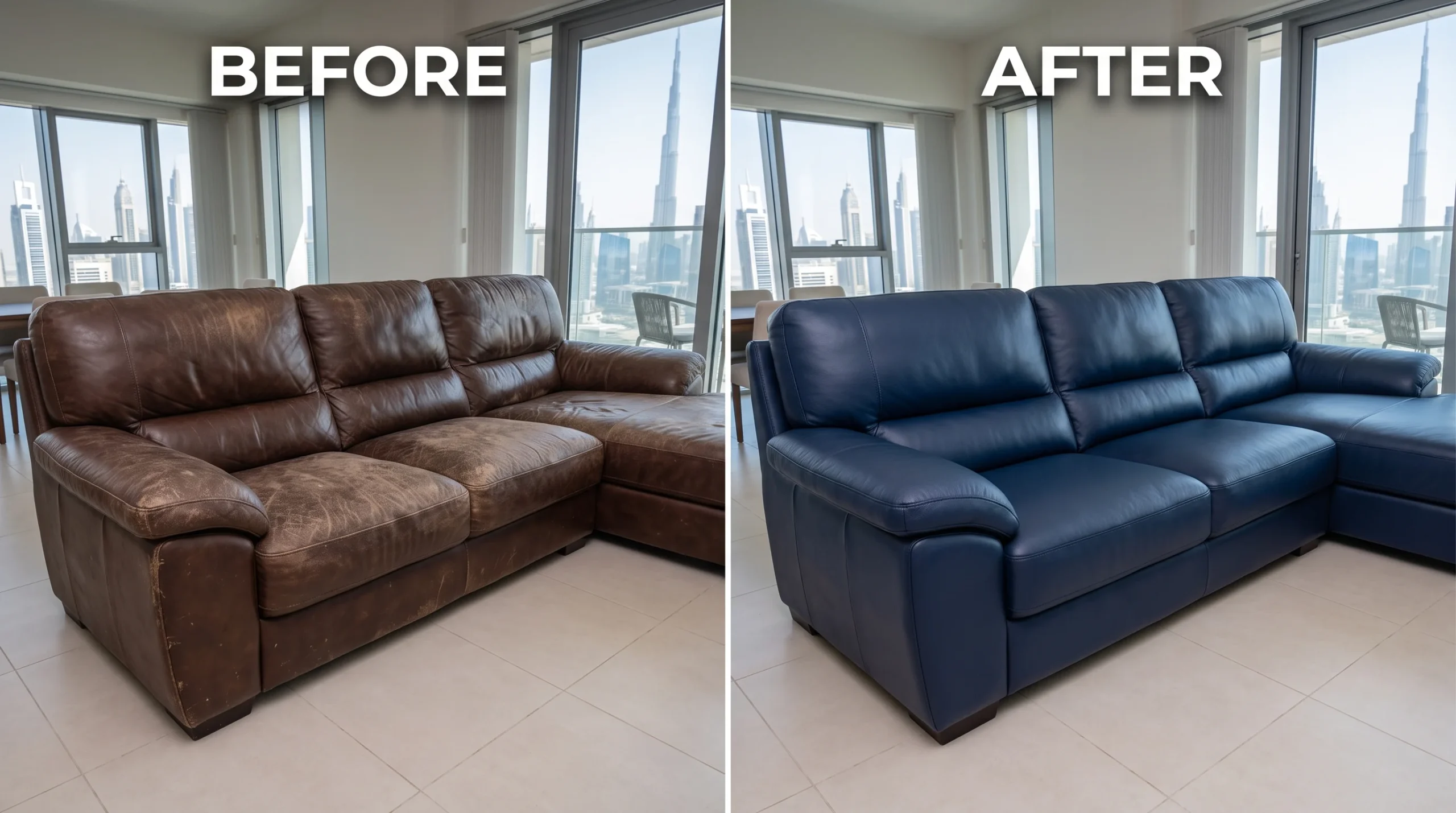 Leather couch recoloring before and after restoration in Dubai