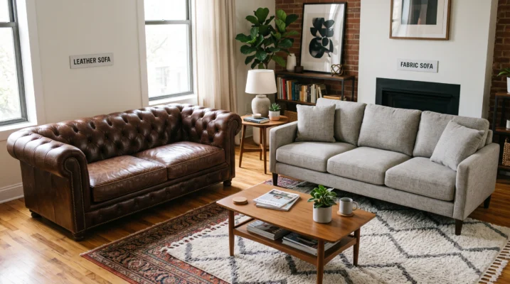 Leather vs fabric sofa repair comparison showing durable upholstery options for Dubai homes