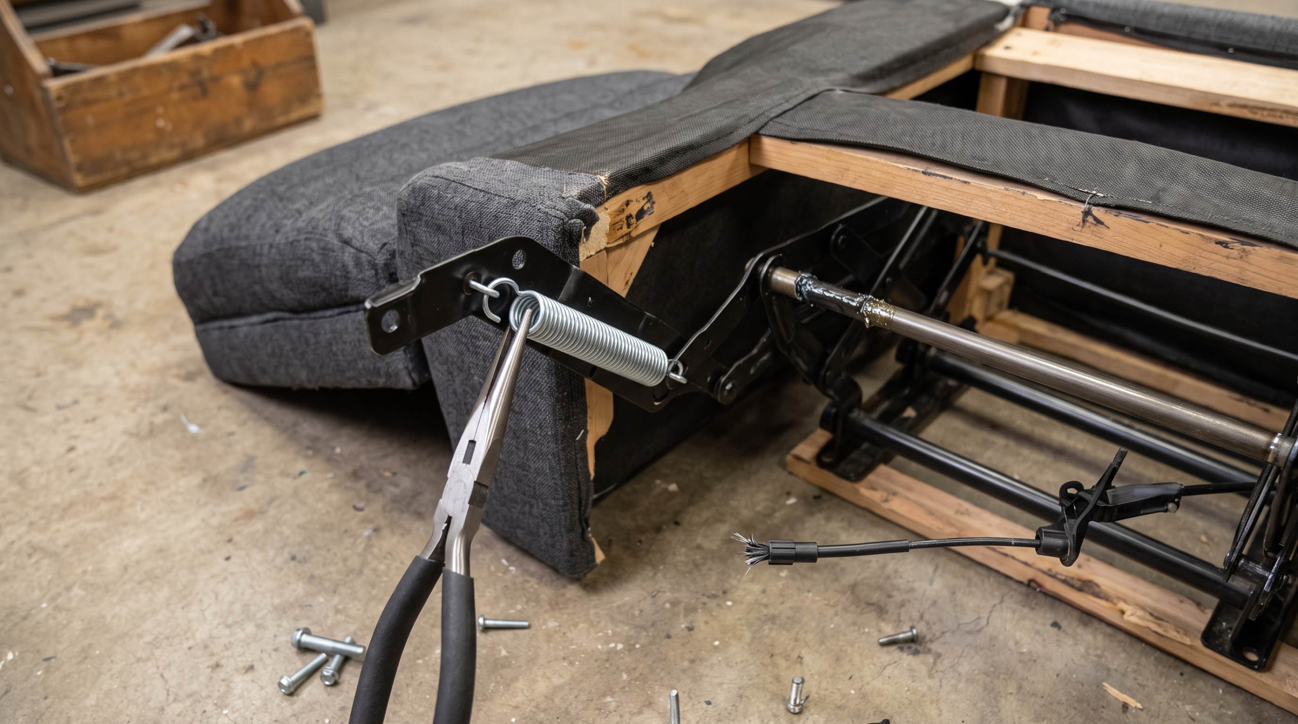 Professional repairing recliner sofa lever, mechanism, and upholstery in Dubai