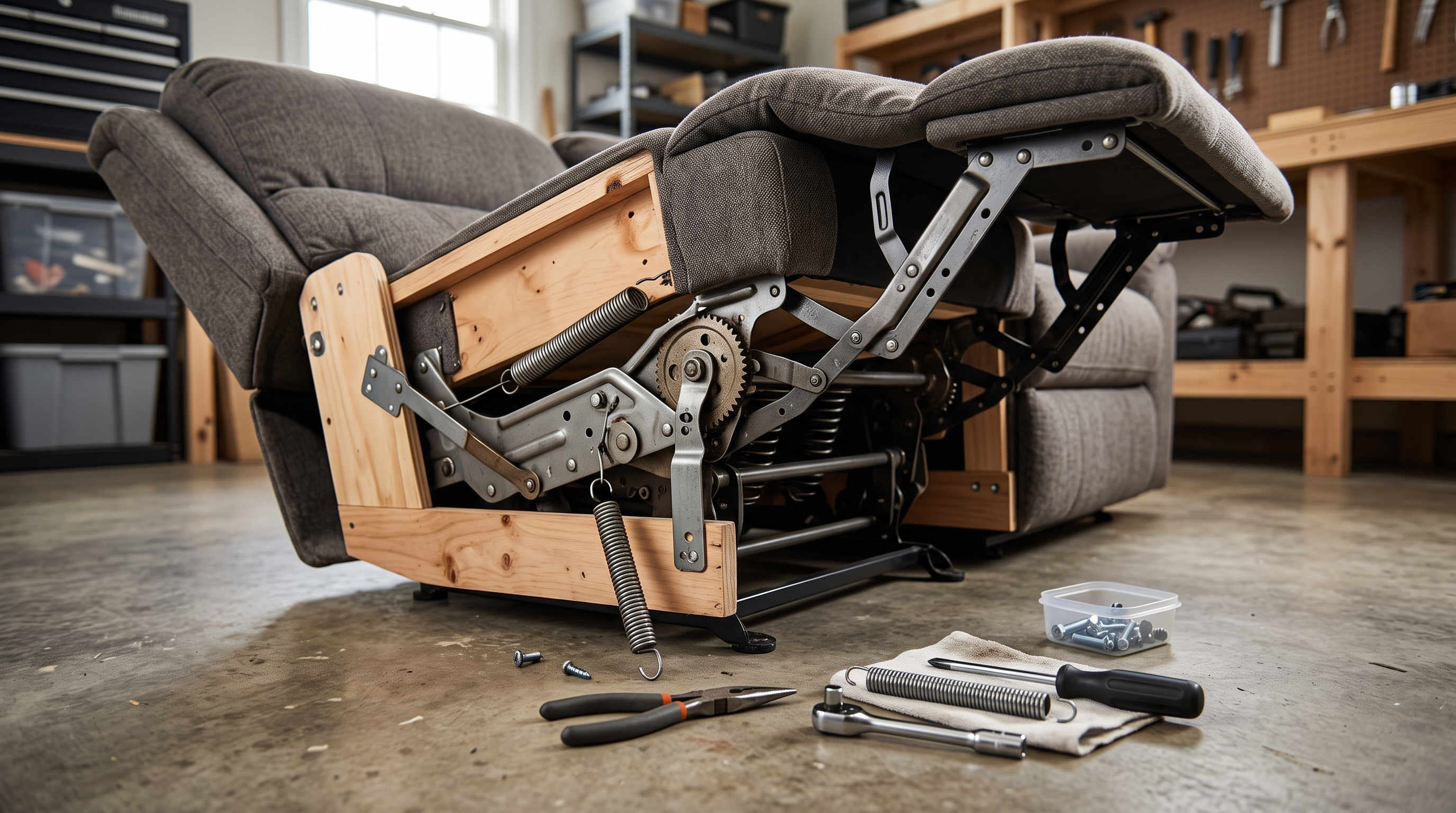 Recliner sofa repair technician inspecting a damaged motor and reclining mechanism in Dubai