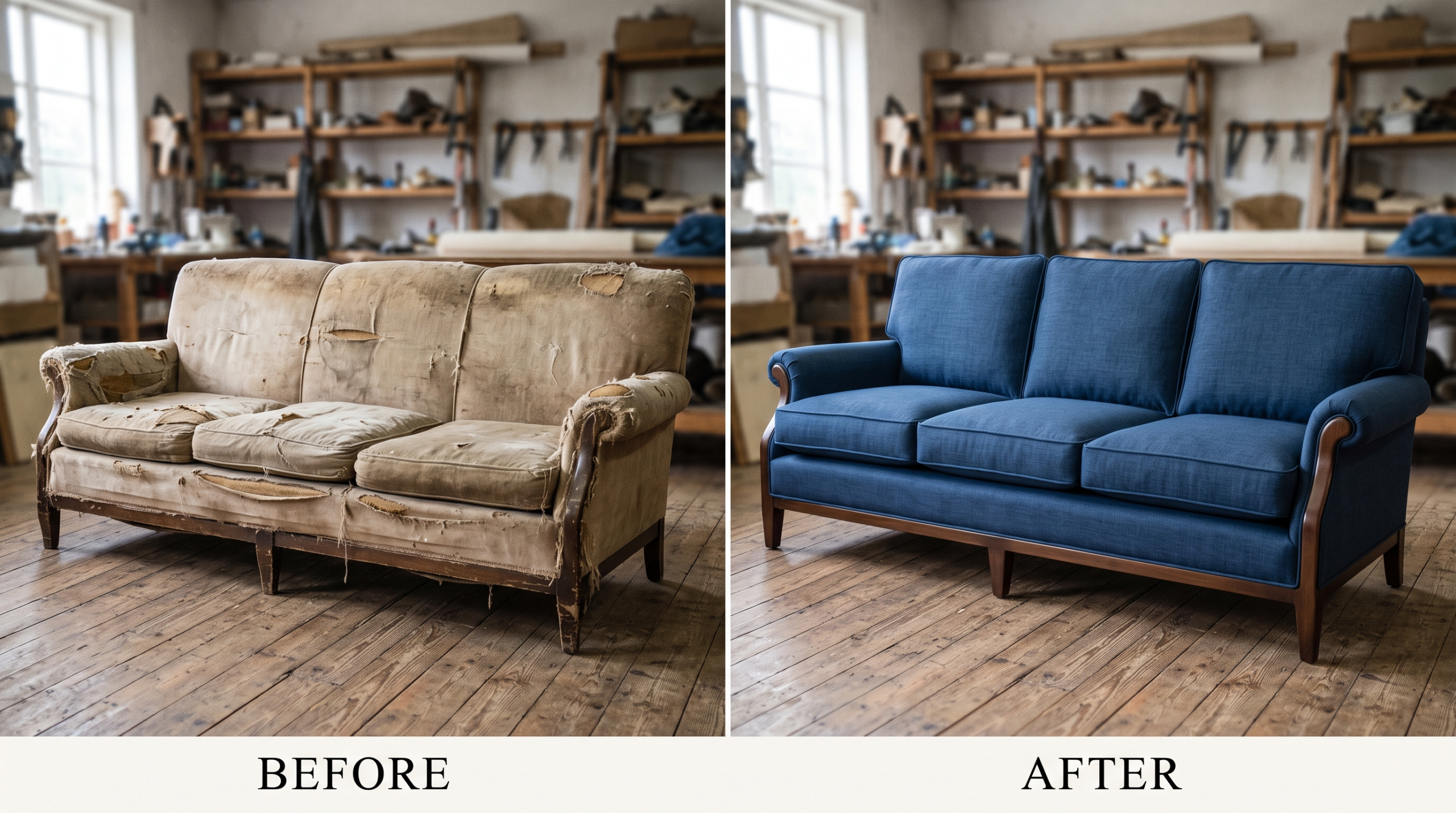 Before and after sofa frame, spring and cushion repair in Dubai