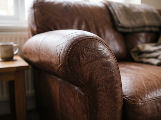 Close-up of repaired leather sofa armrest showing seamless scratch restoration in Dubai