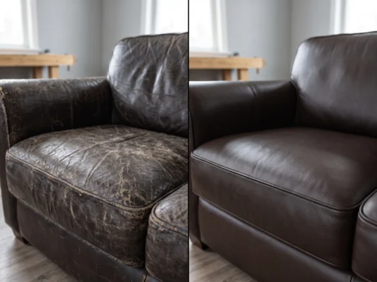 Close-up of colour-matched dye being applied to fine scratches on a brown leather sofa armrest during professional restoration